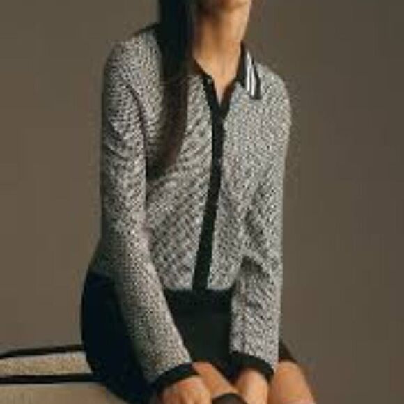 Anthropologie Maeve Plunging Polo Cardigan Black White Size MED - Picture 1 of 7